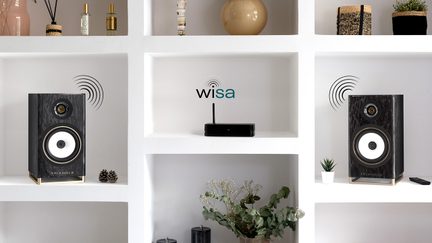 Etajeră albă cu 2 boxe negre, 1 router negru, obiecte decorative, plante, sticle, vedere din față