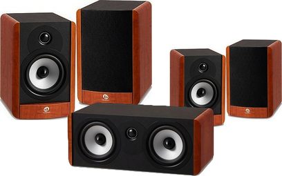 Sada sloupových reproduktorů Boston Acoustics A25 třešeň, 5 reproduktorů v tmavém dřevě a černé barvě, 2 velké, 1 centrální, 2 malé