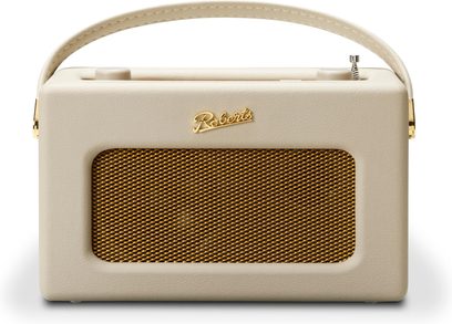 Radio de birou Roberts Revival iStream 3L crem, carcasă dreptunghiulară acoperită cu similicuir crem, cu grilă de difuzor metalică aurie, mânere arcuite asortate și antenă telescopică pe partea superioară, vedere din față