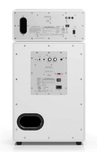 Altavoz Audio Pro Drumfire II W blanco visto desde atrás, con dos elementos superpuestos, conexiones y puertos de ventilación negros