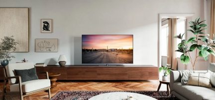 Salotto moderno con televisore a schermo piatto su mobile in legno, poltrona, divano, tavolino, piante, parquet a spina di pesce, quadri