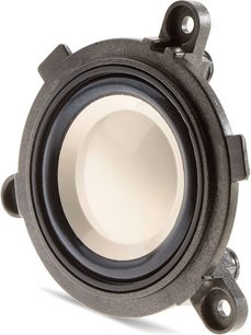 Boxa Focal Clear MG din aluminiu perlat, vedere laterală, cu membrană bej și pernuțe din piele neagră
