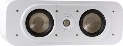 Polk Audio S30 hvid center højttaler, set forfra, 2 runde sorte højttalere, sølvfarvet central diskant