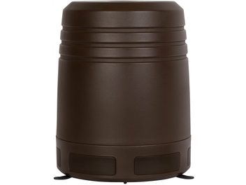 Cylindrisk utomhushögtalare sedd framifrån, slät brun yta, horisontella räfflor, svarta galler längst ner, platt bas