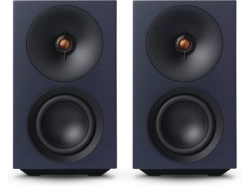 Blå Cambridge Audio L/R S smarta högtalare, kompakt rektangulärt par med svarta högtalarelement och kopparfärgad diskant