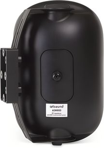 Išorinė juoda ArtSound ASW800 kolonėlė, vaizdas iš galo su metaliniu sieniniu tvirtinimo laikikliu