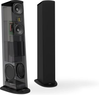 GoldenEar Triton Seven sort gulvhøjttaler, set forfra og fra siden, med synlige højttalerenheder og fod