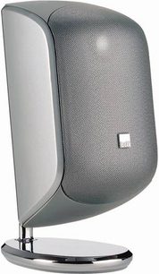 Kompakt Bowers & Wilkins MT-10 højttaler i grå og hvid, set fra venstre side, på kromet stativ
