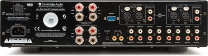Hi-fi stereo zesilovač Cambridge Audio Azur 851A černý, přední panel, pohled zepředu. Konektory, tlačítka, displej, VU metry