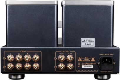 Cayin SC-6LS MK2 stereoforforsterker i antrasitt svart metall, baksidevisning med to rektangulære, satenggrå toppdeksler, rekker med forgylte RCA-kontakter og IEC-strømtilkobling