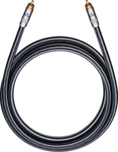 Kabel do subwoofera Oehlbach Sub Xtreme w kolorze metalicznej szarości, oplot z nylonu, dwa pozłacane wtyki RCA męskie z metalowymi, oznakowanymi obudowami, widok z góry
