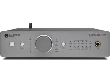 Convertisseur audio DAC Cambridge Audio DacMagic 200M argent, vue de face, boutons, prises et affichage des réglages