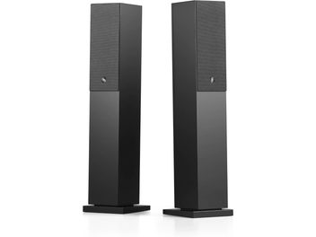 Paire d’enceintes colonnes Audio Pro A38 W noires, avec grilles frontales sur la partie supérieure et socles carrés