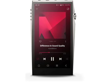 Astell&Kern SP3000T audiofil lejárat, előlről nézve, bekapcsolt képernyő zenei lejátszó felülettel, bal oldalon 4 oldalsó gombbal, jobboldalt recés kerékkormánnyal