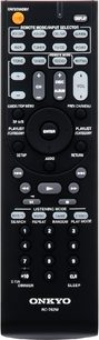 Sort Onkyo RC-762M fjernbetjening med grå knapper og LCD-skærm, set forfra