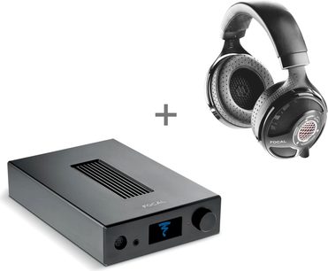 Focal Utopia åbne hi-fi-hovedtelefoner i sort set fra siden med Arche-forstærker, reklamebillede på hvid baggrund