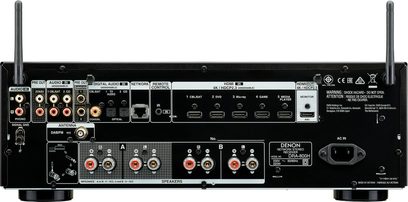 Amplificatore hi-fi stereo Denon DRA-800H nero, vista posteriore, vista dall'alto, connettività audio e antenna, pulsanti e interruttori