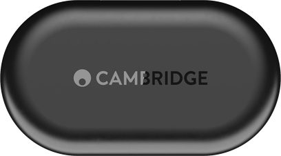 Cambridge Audio Melomania M100 black in-ear headphones front view in their oval charging case