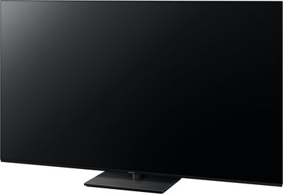 Panasonic TV-65Z85AEG højdefinitionsfjernsyn, sort skærm, trekvart visning, sort rektangulær stander