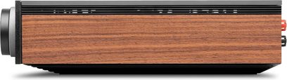 Cambridge Audio Evo 300 amplificatore integrato stereo nero con pannello laterale effetto legno e grande manopola laterale grigia