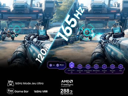 Futuristinen digitaalinen mainoskuva teräksen sinisissä ja harmaissa sävyissä, jaettu vinottain, kirkkaat numerot 120 Hz ja 165 Hz, subjektiivinen näkymä aseistettuna kohti mekaanisia robotteja, violetti käyttöliittymä alareunassa linjassa