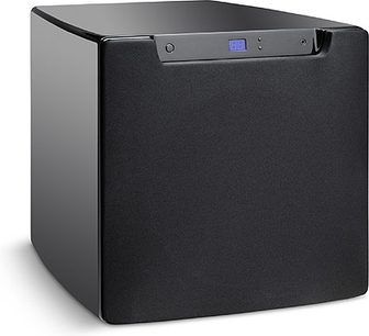 Velodyne SPL-1200U sort subwoofer, set forfra, blåt digitalt display, kontrolknapper øverst