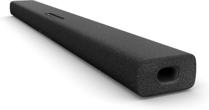 Soundbar Yamaha SR-X40A v uhlíkově šedé barvě, protáhlý obdélníkový tvar, tmavě šedá síťovina, pohled shora