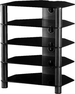 Sonorous RX2150B-BLK hi-fi møbel, 5 sorte glashylder, sort aluminiumsramme, set forfra