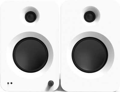 Set van twee Kanto REN slimme luidsprekers in mat wit, vooraanzicht, rechthoekige behuizingen met afgeronde hoeken in matte afwerking, bovenaan zwarte ronde tweeters, daaronder zwarte woofers met witte randen, dubbele LED-indicator en volumeknop op de linker luidspreker