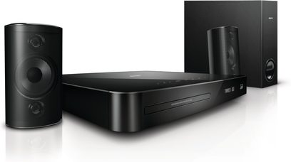 Philips HTS4282 sort hjemmebiografsystem bestående af en subwoofer, to højttalere og en Blu-ray-afspiller