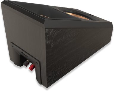 Klipsch RP-500SA II ebony 2022 siyah hoparlör, ön perspektif görüntü, dikdörtgen form, koyu damarlı ahşap