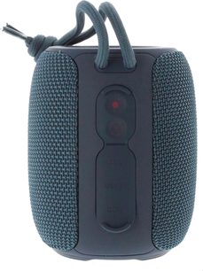 Bluetooth-højttaler Yourban Getone 25 blå, set forfra, overflade i tekstureret stof, snor fastgjort øverst, synlige knapper