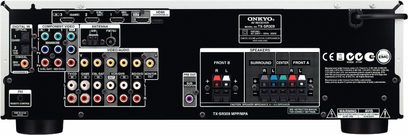 Onkyo TX-SR309 sort hjemmebiografsforstærker, bagside, analog og digital lyd/video-tilslutning, højttalerstik