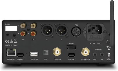 Lettore audio di rete Gold Note DS-5.2 vista posteriore nera con porte RCA XLR HDMI Ethernet USB e antenna Wi‑Fi