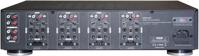 Amplificator multiroom sau multi-zonă ArtSound AMP-850, vedere din spate, conectori RCA, borne cu șurub, prize de alimentare și de declanșare