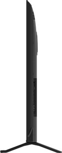 Panasonic TV-75W95BEG sort fjernsyn med høj opløsning, sort, med tynd metal- og plastikramme, bagpåliggende forbindelsesudtag og V-formet metalfod, set fra siden