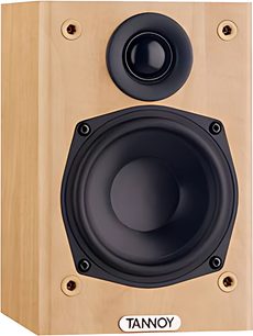 Lys træ Tannoy Mercury FR baghøjttaler, sort højttaler, sort diskant, 4 synlige skruer på forsiden