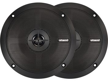 Ön yüzü görünen, siyah ArtSound MDC6.2 çift gömme tavan hoparlörü, delikli desenli yuvarlak metal ızgaralarla