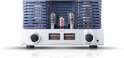 Cayin Jazz 100 silver stereo tube integrated amplifier, silver brushed aluminum front panel with two orange backlit VU meters, two large black knobs with metal rings, blue-gray perforated metal cage revealing the tubes, front view