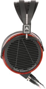 Atviras laidinis hi-fi ausinės Audeze LCD-2 Padauk, šoninis vaizdas, juoda apvali ausinė, juodas lankelis, garso jungtys