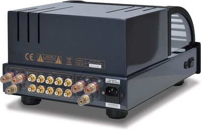 Amplificatore hi-fi a valvole PrimaLuna Evo 100 integrato nero, vista frontale, 8 valvole, ingressi RCA e XLR, uscite diffusori con terminali a vite