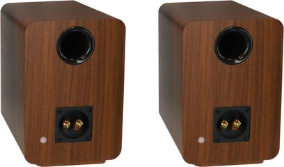 Sada reproduktorů 2.1 Enova HIFI VELA 2.1 8A, pohled zezadu, obdélníkové skříně s dřevěným povrchem, kruhový basový port, pozlacené audio konektory