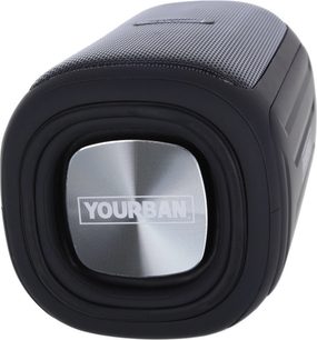 Sort højtaler Yourban Getone 35, set forfra, perforeret gitter, metalende med synligt Yourban-logo