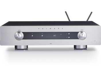 Primare I35 Prisma M36 sudraba krāsas stereo pastiprinātājs, matēts metāla korpuss, rotējošas pogas, LED displejs, melni režģi
