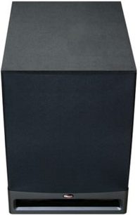 Klipsch RPW-10 sort subwoofer, set forfra, kubisk form, mat sort front, blank grå base med Klipsch-logo
