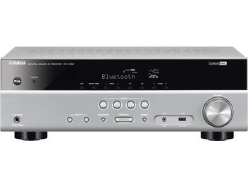Yamaha RX-V383 titan hjemmekino-forsterker, frontpanel med display, knapper, volumhjul og hodetelefonutgang