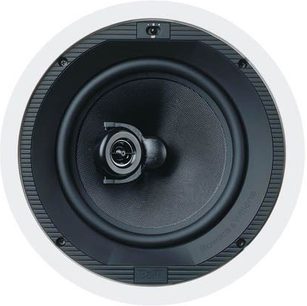 Indbygget Bowers & Wilkins CCM 628 højttaler, set forfra, cirkulær sort gitterdæksel med centralt placeret sølvfarvet diskant