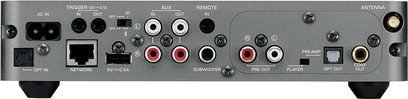 Yamaha WXC-50 DS stereo-forstærker, bagside, nærbillede, audio- og netværksstik, knapper og indikatorer