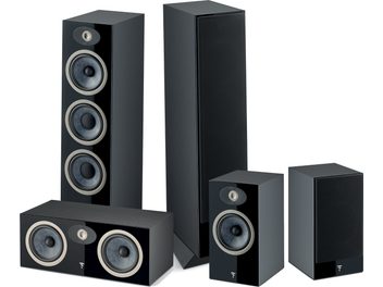 Black Focal Theva N°3 floorstanding speaker pack, 5 speakers of different sizes, round drivers, removable grilles