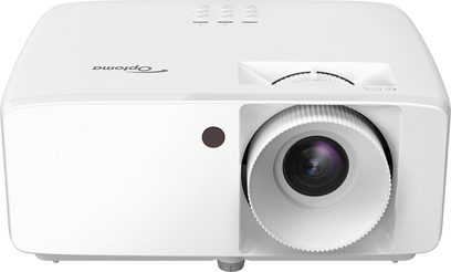 Optoma HZ40HDR hvid videoprojektor, set forfra, decentraliseret linse, ventilationsgitter, infrarød sensor